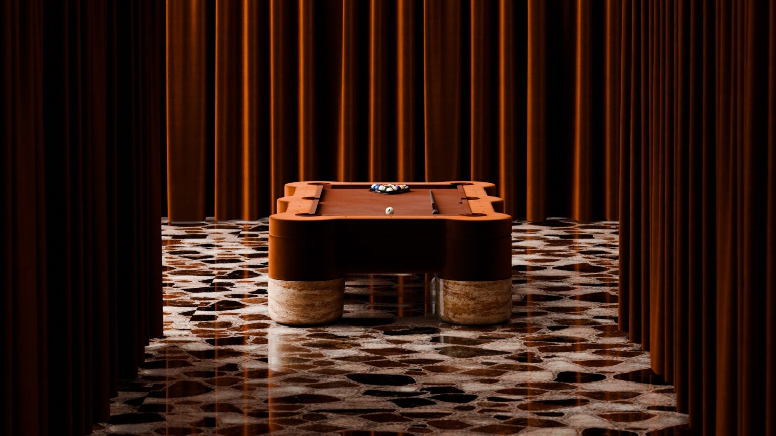 A Marc Ange Pool Table with marble legs stands on a patterned glossy floor, surrounded by tall brown curtains, with pool balls racked at one end, creating a warm and sophisticated ambiance.