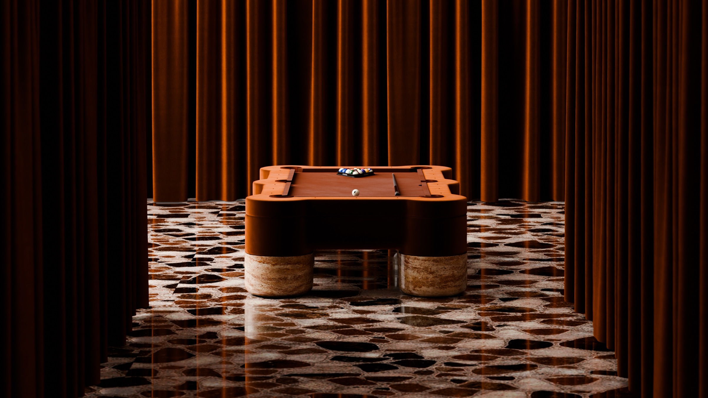 A Marc Ange Pool Table with marble legs stands on a patterned glossy floor, surrounded by tall brown curtains, with pool balls racked at one end, creating a warm and sophisticated ambiance.