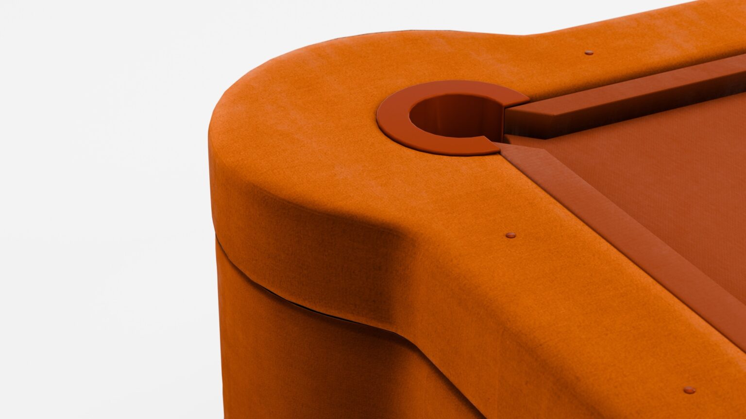 Close-up of the corner pocket of the Marc Ange Pool Table, featuring a soft upholstered finish and sleek, modern design against a plain white background.