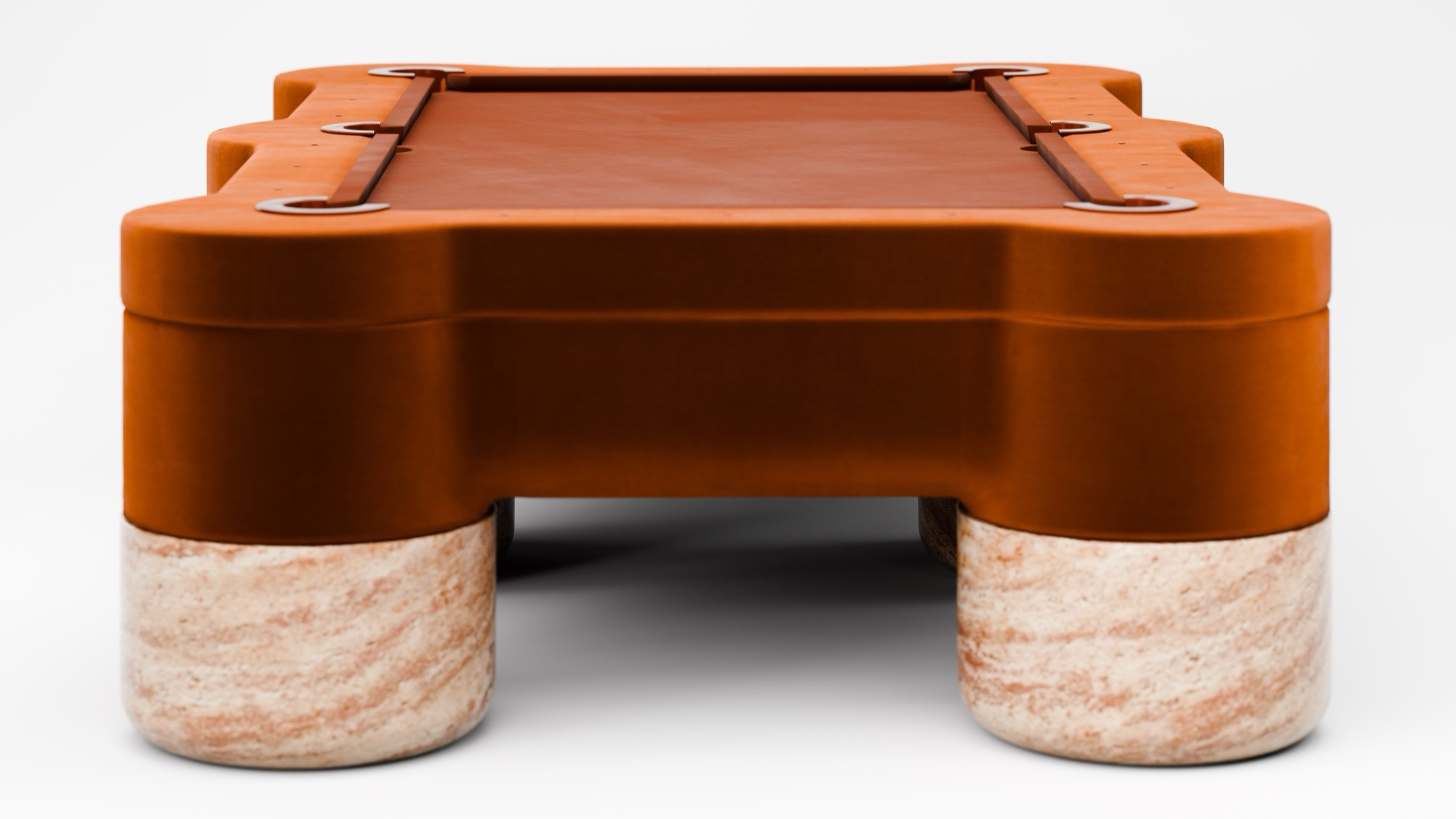 The Marc Ange Pool Table features brown felt, rounded corners, and four large cylindrical stone legs, showcased against a plain white background.