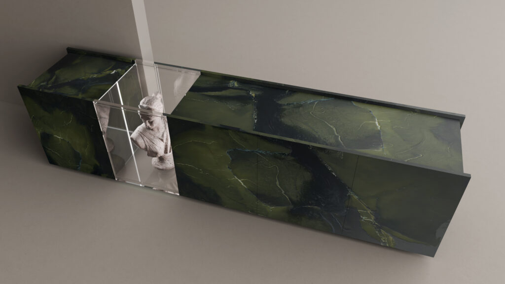 The Lustra Credenza is a rectangular piece with a dark green marbled top, intersected by a transparent glass cube displaying a classical white bust, set against a neutral background.