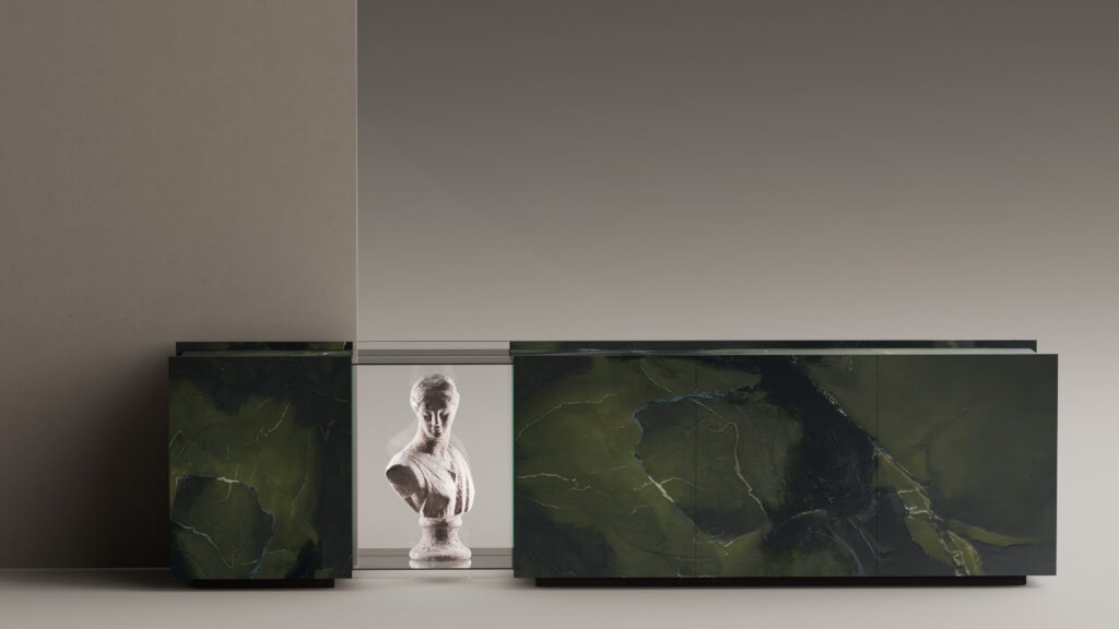 A green and black marble Lustra Credenza with a glass center showcases a classical white bust statue inside, set against a minimalist neutral background.