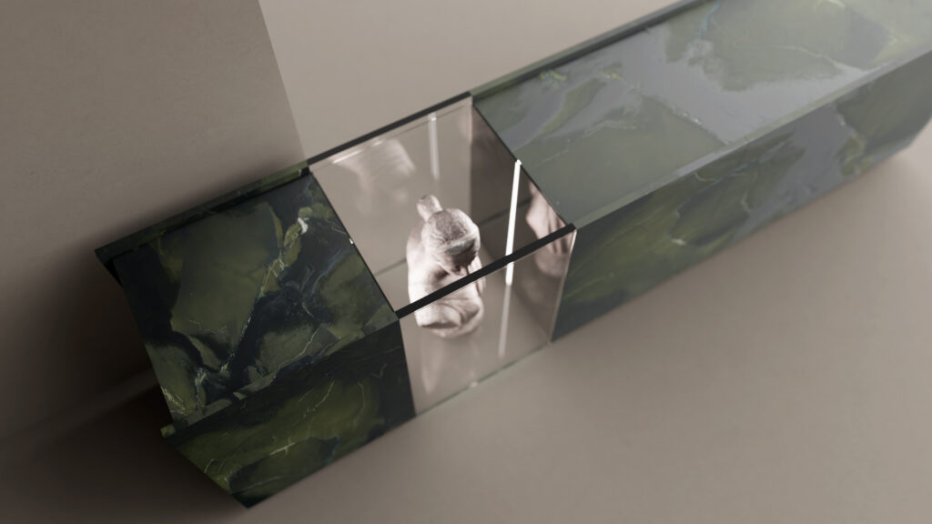 The Lustra Credenza is a rectangular unit with glass-like surfaces and marble-textured sides, featuring a reflective front that displays a hand reaching toward the center, all set against soft lighting and a neutral backdrop.