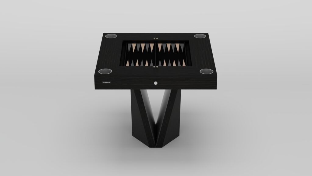 A modern black backgammon table with a geometric pedestal base and built-in cup holders, shown against a plain light background. The board features alternating dark and light triangles.