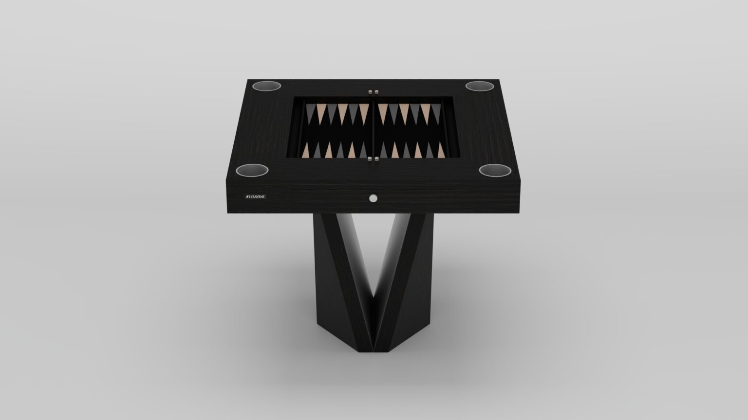 A modern black backgammon table with a geometric pedestal base and built-in cup holders, shown against a plain light background. The board features alternating dark and light triangles.