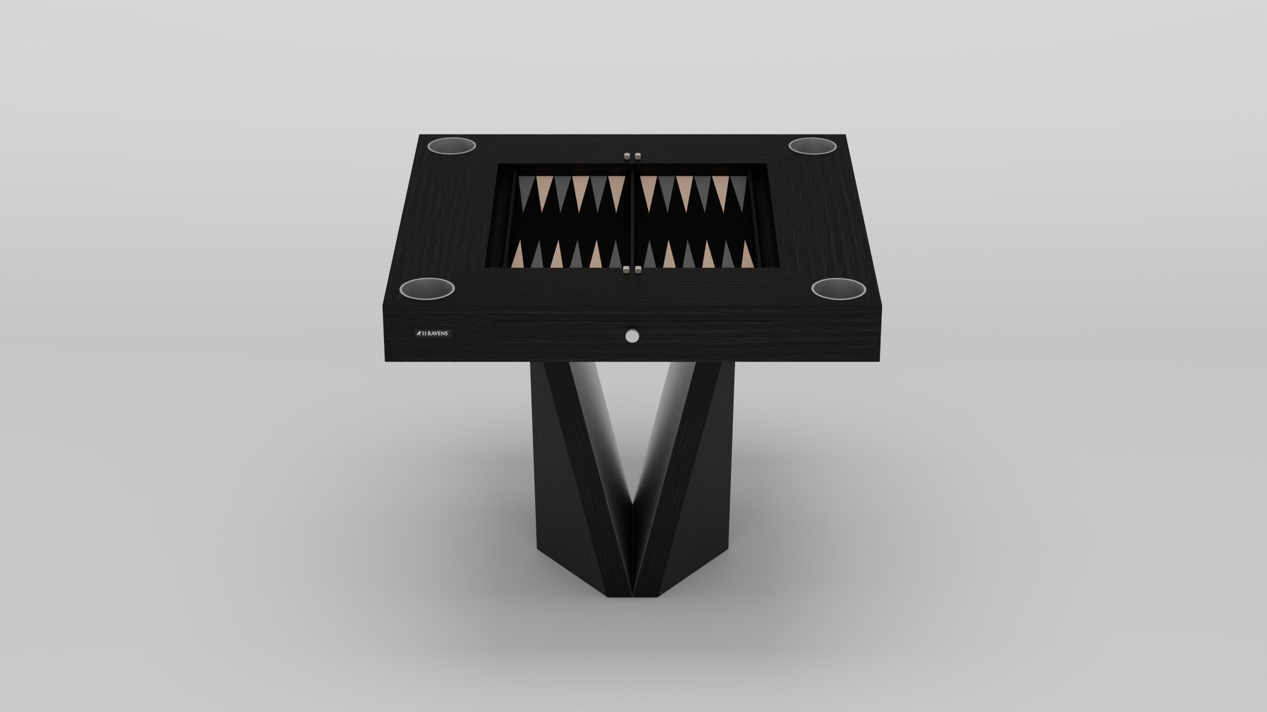 A modern black backgammon table with a geometric pedestal base and built-in cup holders, shown against a plain light background. The board features alternating dark and light triangles.