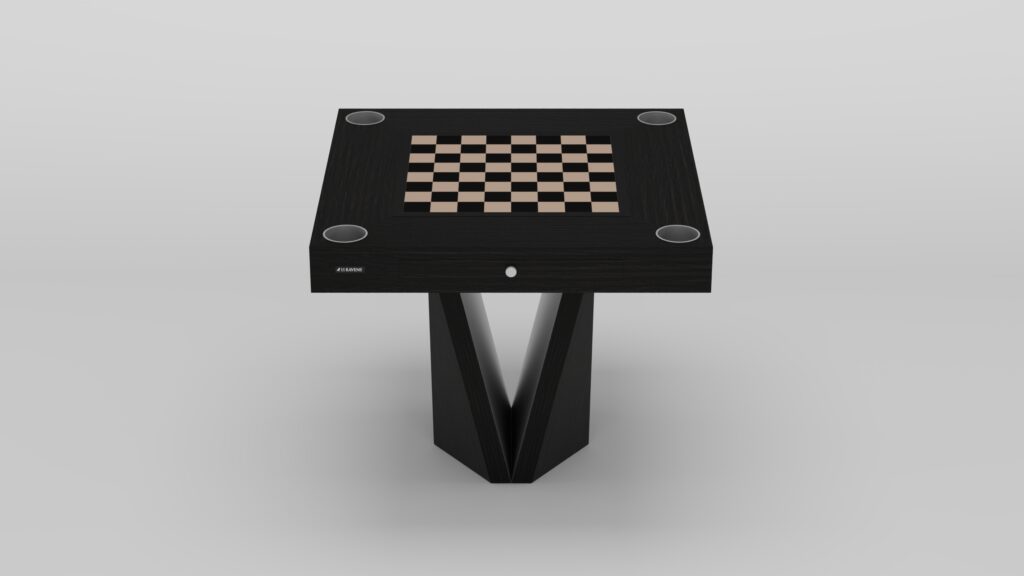 A modern black chess table with a wooden chessboard in the center, four circular cup holders at each corner, and a geometric, angular pedestal base, set against a plain light background.