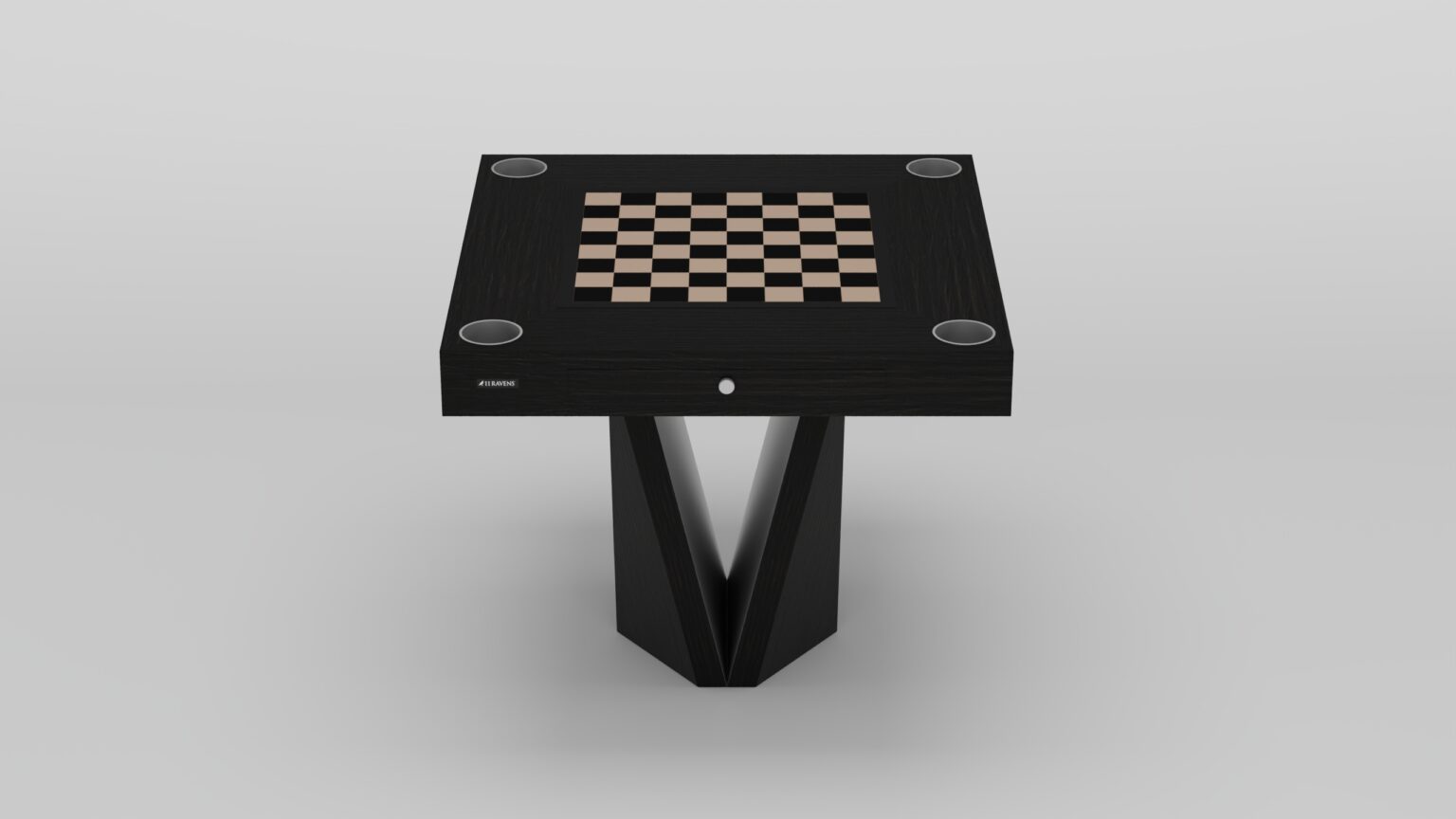 A modern black chess table with a wooden chessboard in the center, four circular cup holders at each corner, and a geometric, angular pedestal base, set against a plain light background.