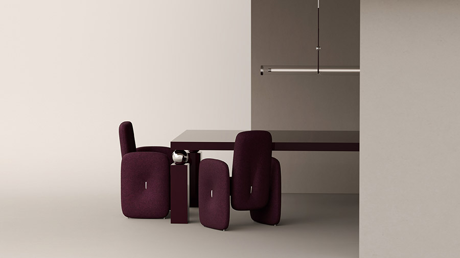 A minimalist dining area with a rectangular table and four modern, burgundy upholstered chairs. Neutral beige and gray tones complement the sleek, suspended linear light above—and a nearby Edelweiss Pianos piece adds a touch of refined elegance.