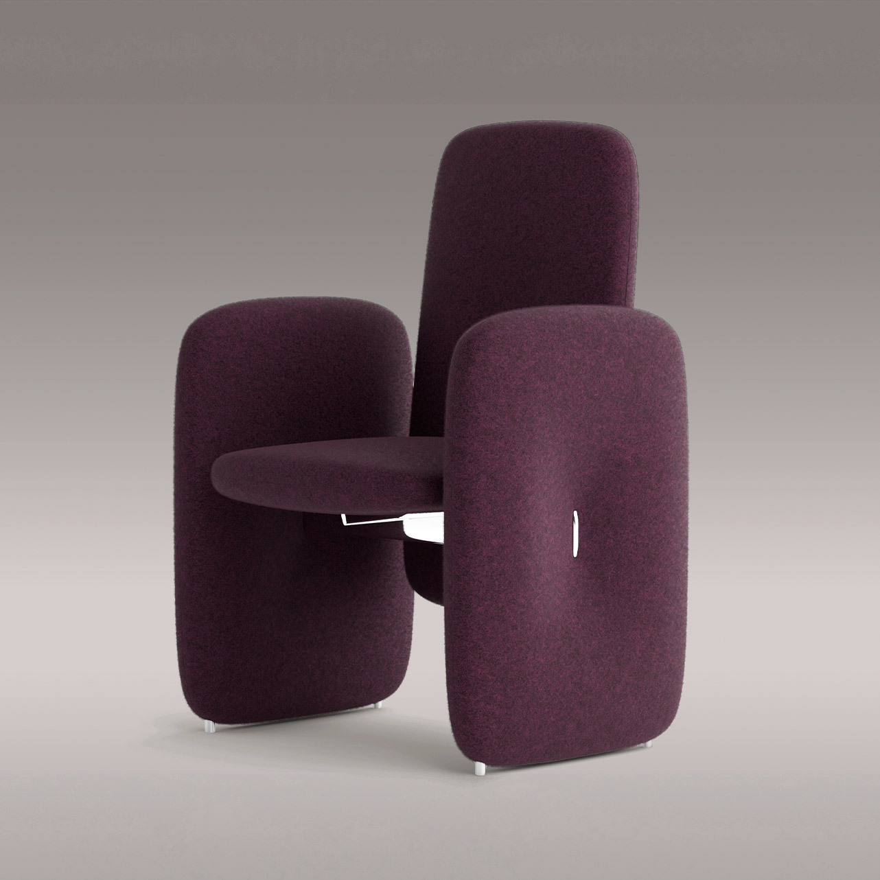 A modern, minimalist armchair with thick, rectangular maroon cushions for the back, seat, and sides sits against a neutral background. This piece from 11 Ravens showcases luxury furniture with a unique geometric design and small metal legs.