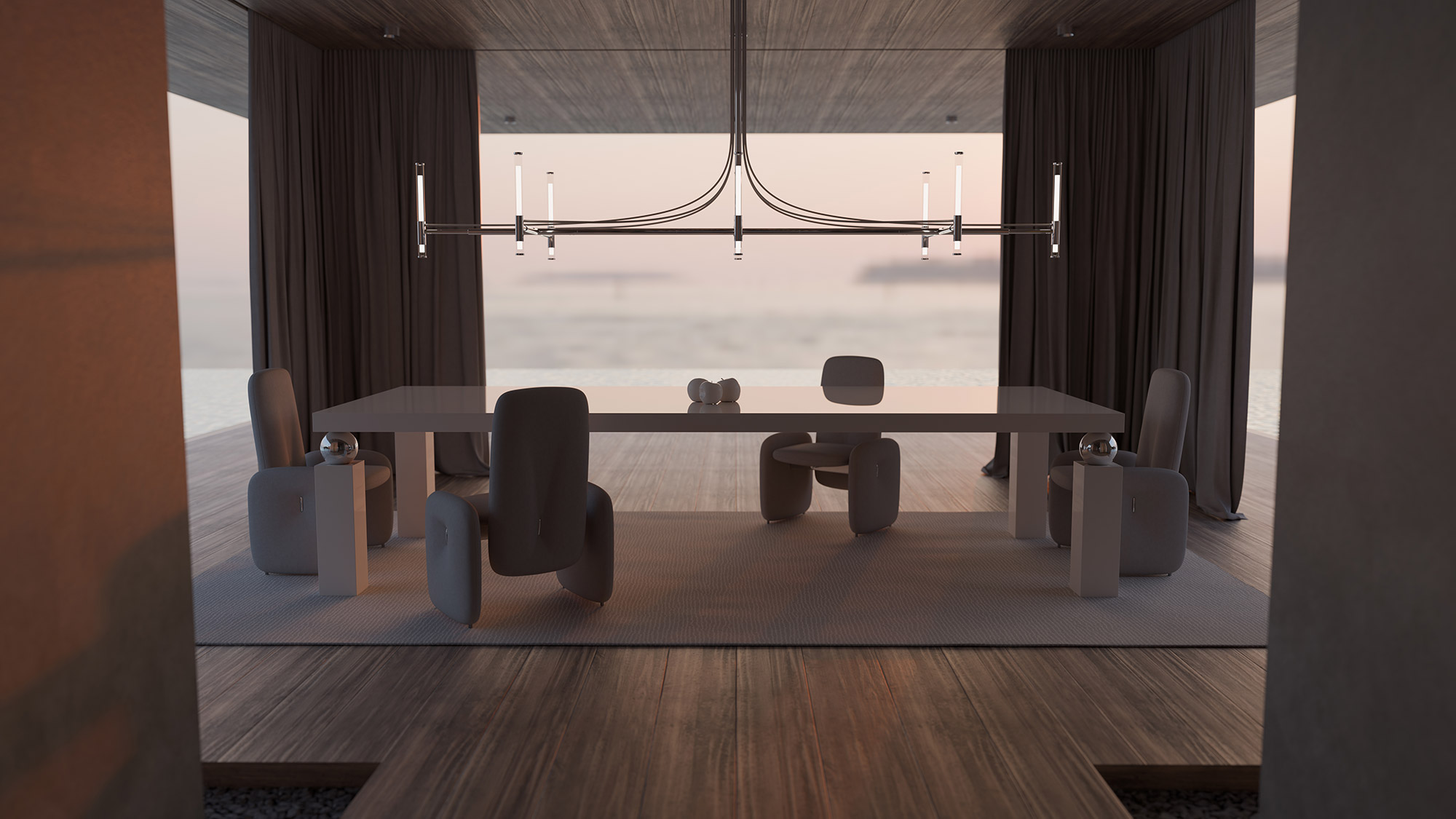 Minimalist dining room with a long rectangular table, six modern sculptural chairs, a sleek chandelier above, large windows with dark curtains, wooden floors, and an elegant Edelweiss Piano enhancing the serene sunset view.