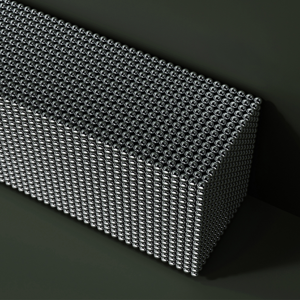 A large rectangular block made up of neatly stacked shiny metallic spheres, forming a grid pattern against a dark background—an eye-catching centerpiece perfect for a modern living room.