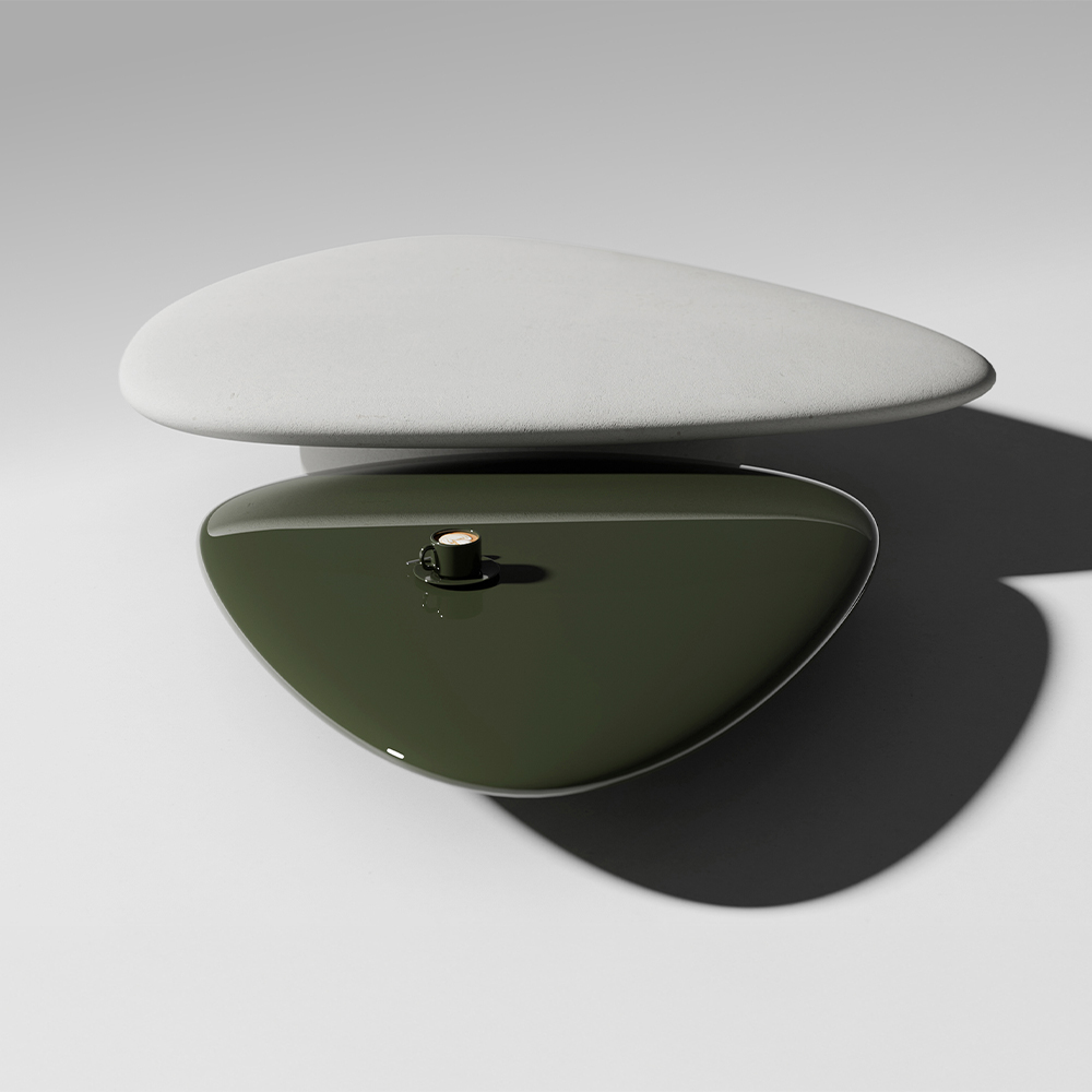 Two asymmetrical, triangular tables are stacked—an ideal accent for any living room. The top table features a light gray matte surface, while the glossy olive green base, reminiscent of 11 Ravens designs, is adorned with a small wooden cylinder.