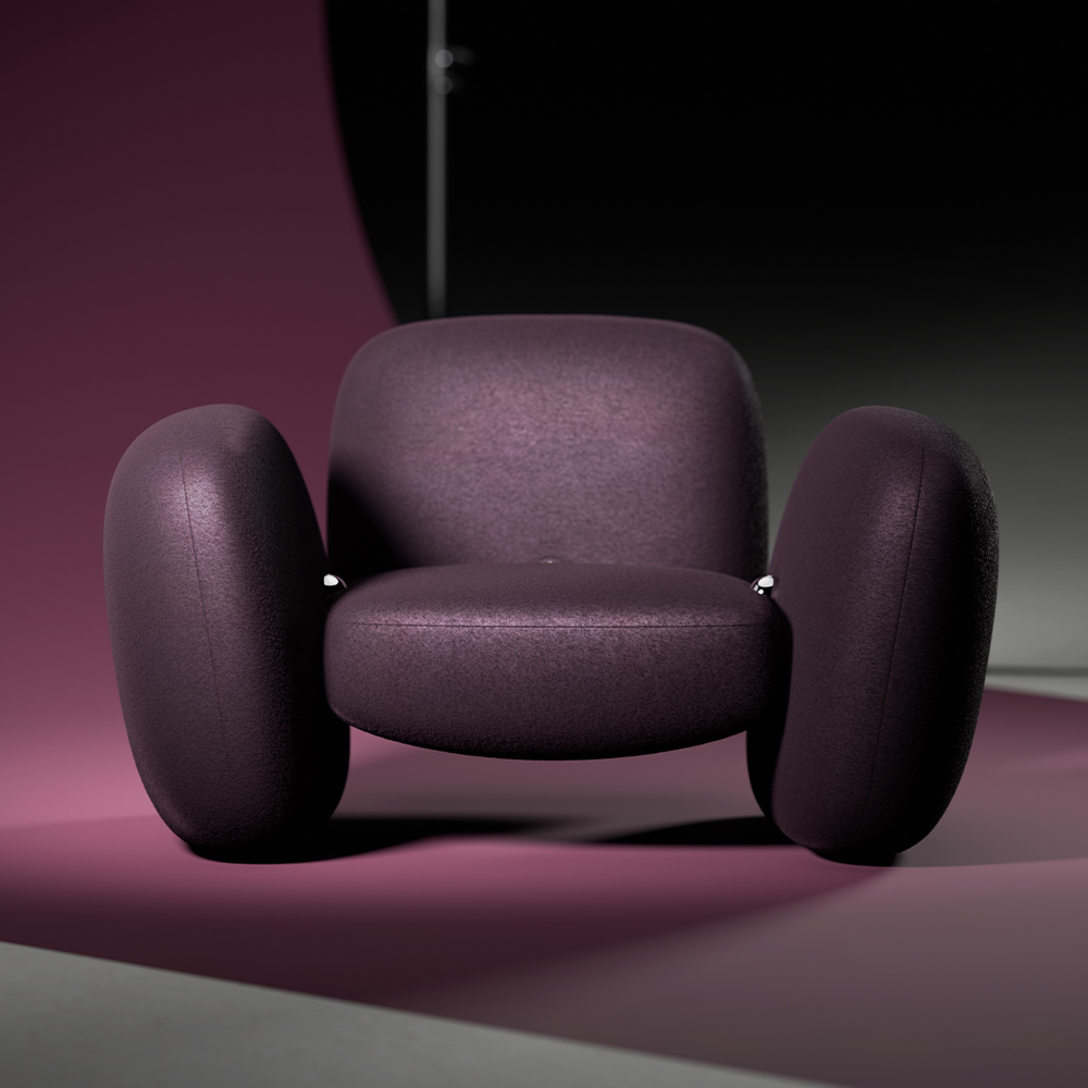A modern, deep purple armchair with rounded, plush cushions forming the backrest, seat, and armrests—an elegant addition to any living room—set against a gradient background with shades of purple and black. Inspired by 11 Ravens design.