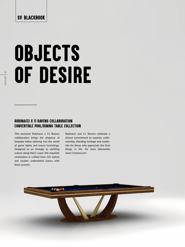 A modern pool table with a sleek black frame, wooden accents, and brass details is displayed against a minimalist white background. The table is positioned centrally below bold text headlines.