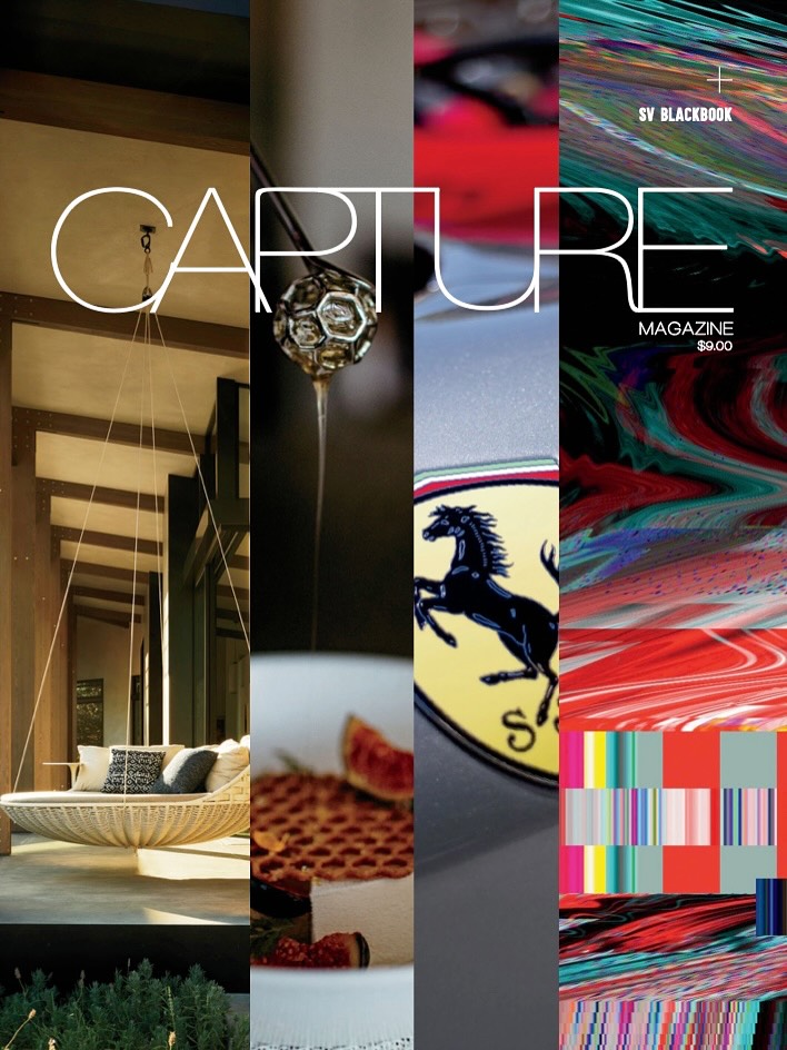Five vertical stripes show a porch swing, a glass light fixture, a close-up of a Ferrari logo, a blurred abstract pattern, and a grid of colorful rectangles. CAPTURE MAGAZINE text appears at the top.