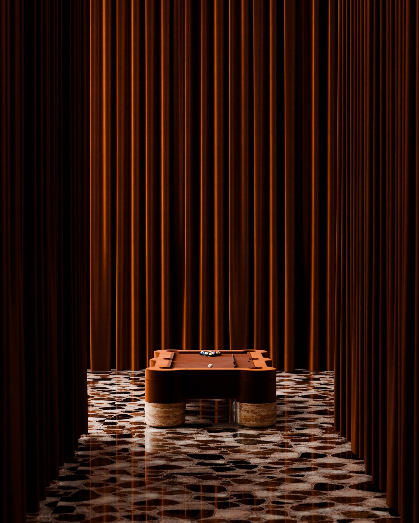 A modern brown pool table stands on a patterned floor, surrounded by tall, rich brown curtains creating a dramatic and elegant setting.