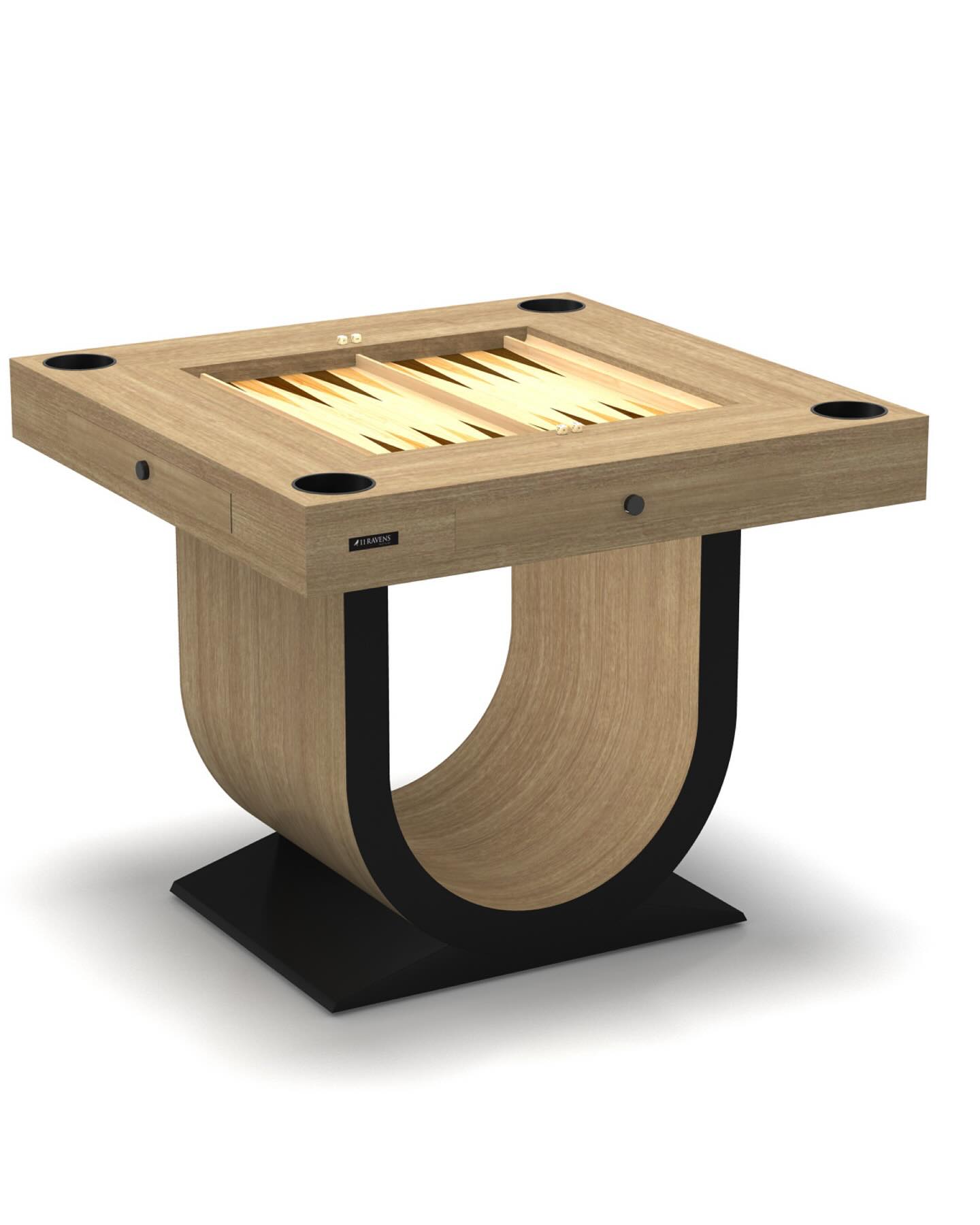 A modern wooden backgammon table with a square top, built-in game board, and curved support, set on a black rectangular base.