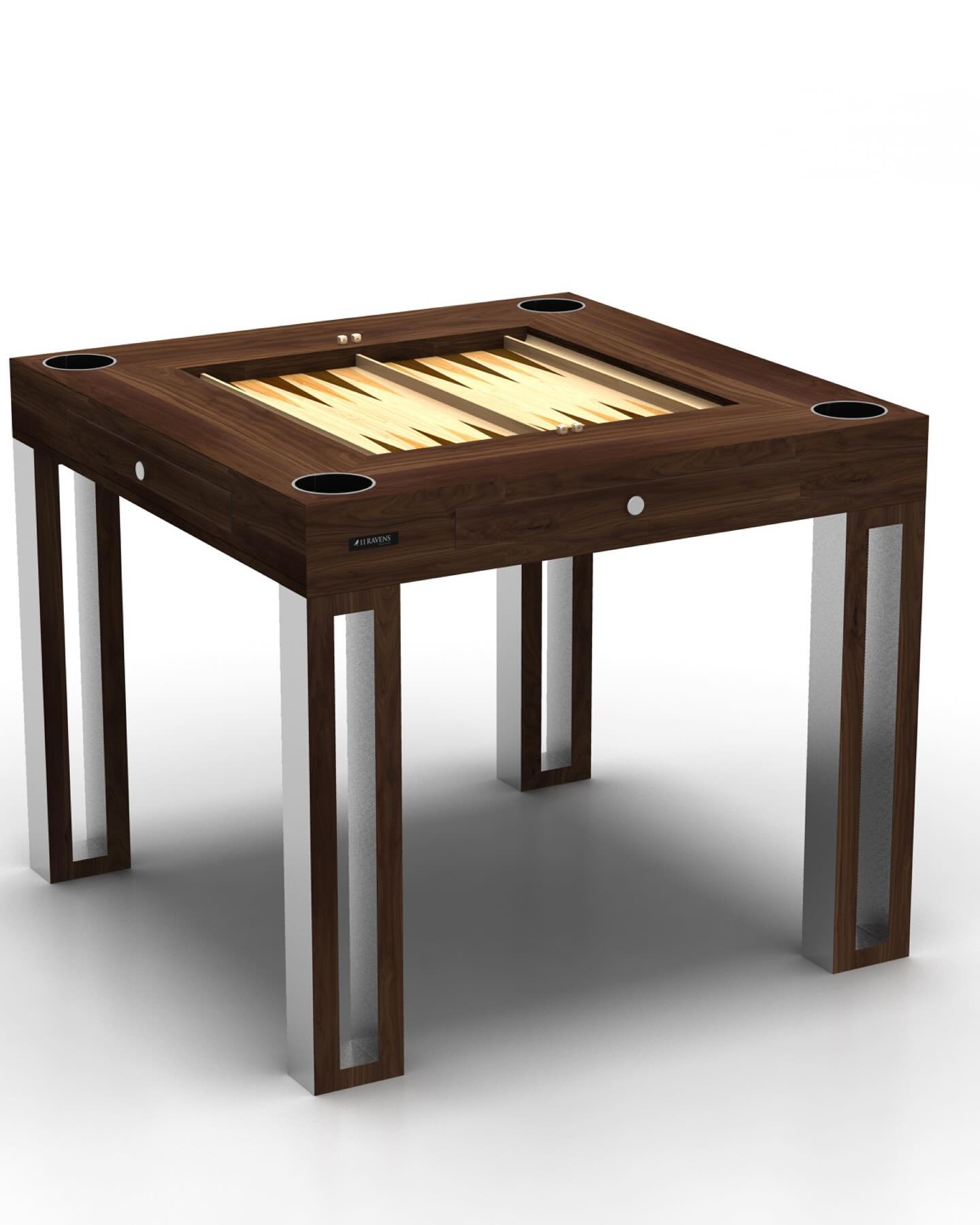 A modern square wooden gaming table with a built-in backgammon board on top. The table has four sturdy legs with metal accents and cup holders at each corner.