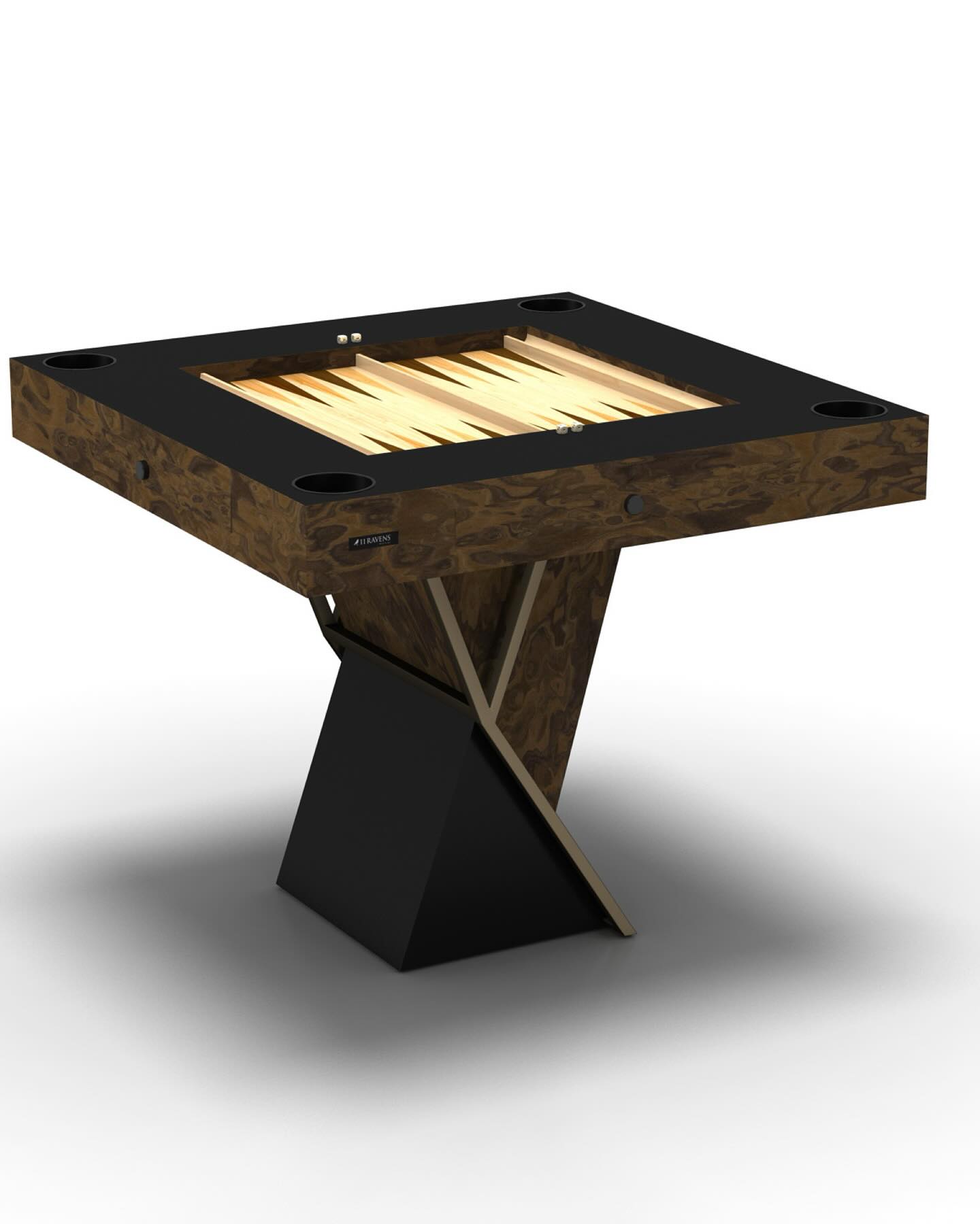 A modern backgammon table with a wooden top, integrated game board, black edges with cup holders, and an angular black and wood pedestal base, set against a white background.