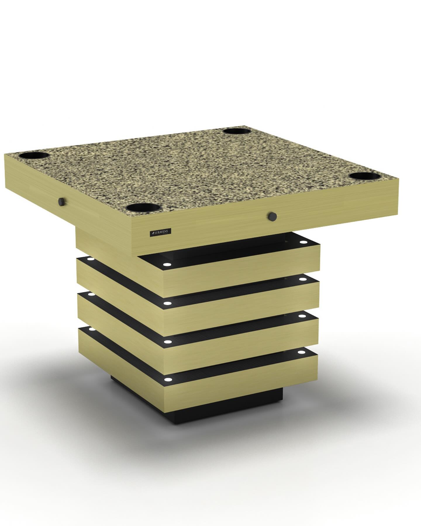 A modern square table with a speckled stone top, light wood sides, and a tiered, slatted pedestal base. The table has black accents at the corners and base, set against a white background.