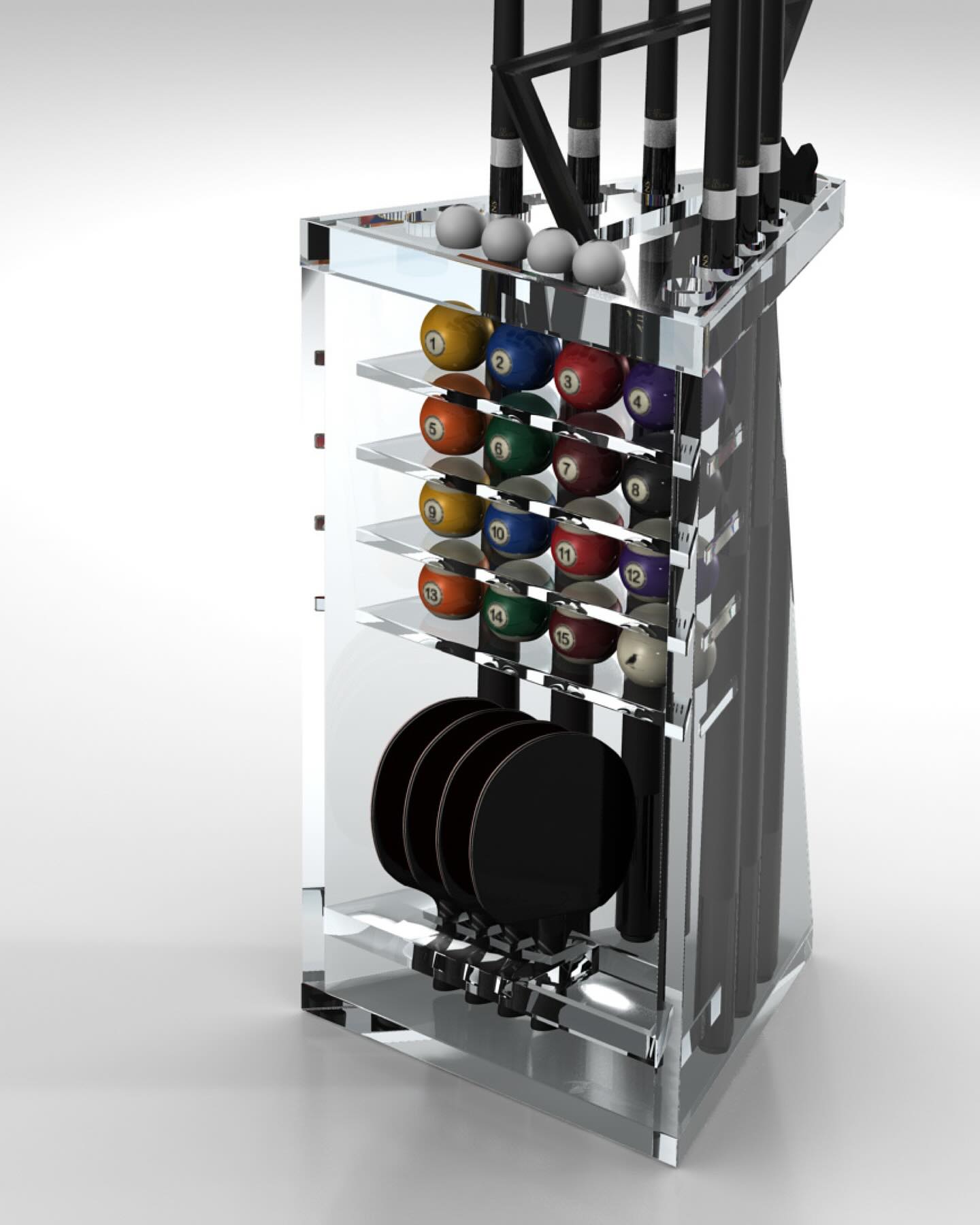 A transparent acrylic rack holds pool cues, billiard balls arranged by color and number, several round coasters, and a triangle rack, all in a modern, organized display.