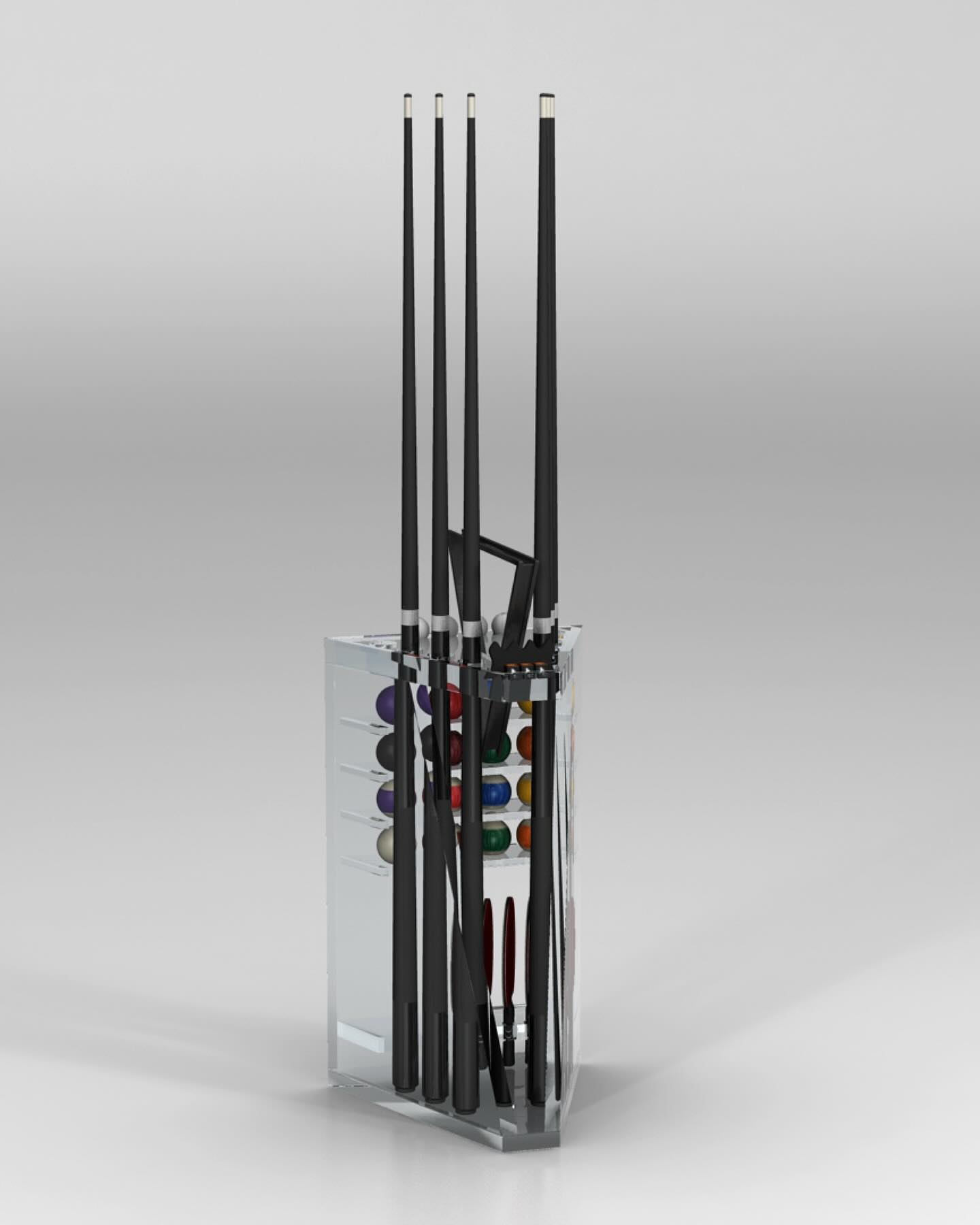 A clear acrylic pool cue rack holding four black pool cues, with pool balls neatly arranged in rows on shelves inside the transparent rack, set against a plain light background.