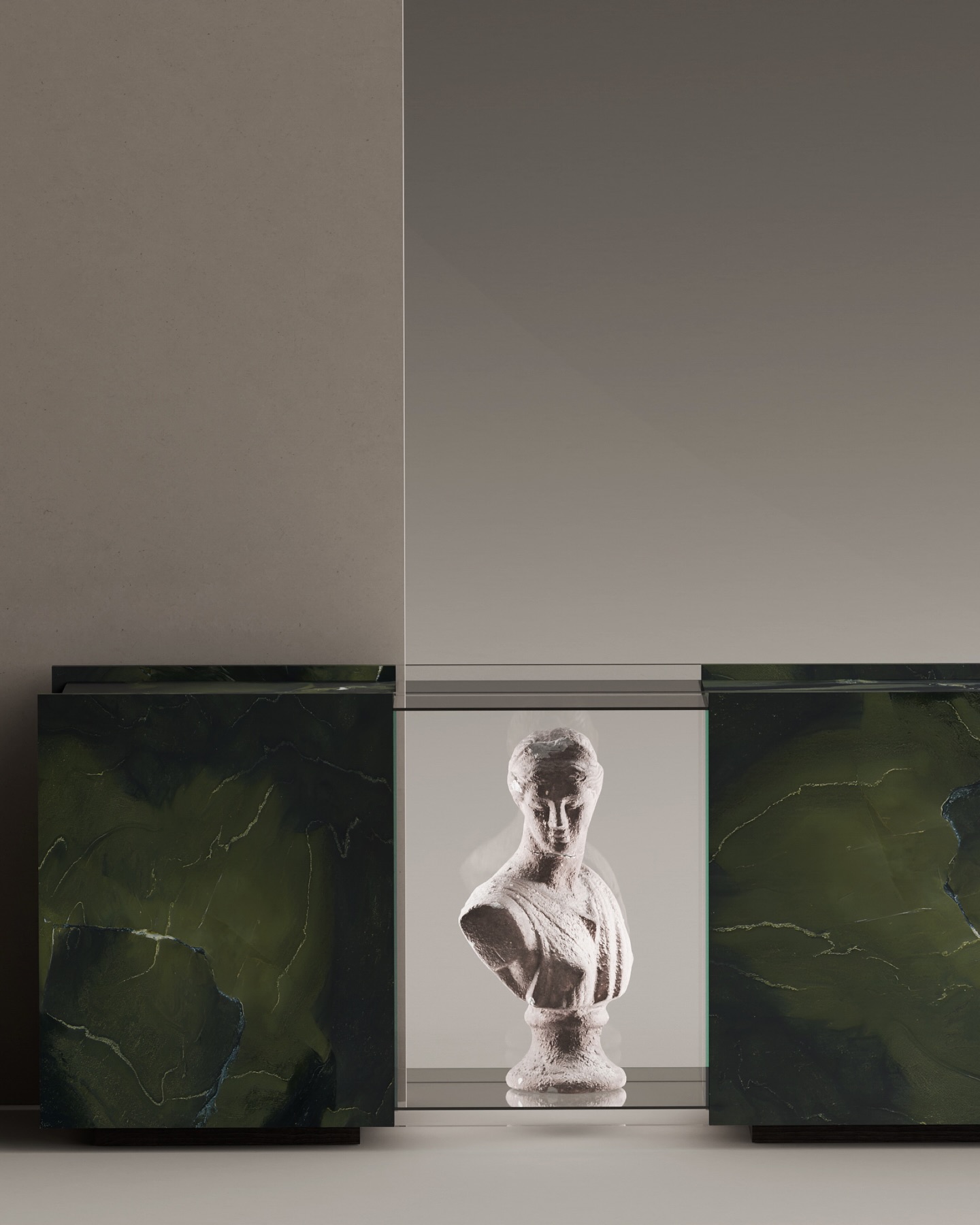 A small white sculpture bust is displayed on a glass shelf between two dark green, marble-textured panels, set against a minimalist gray and beige background.