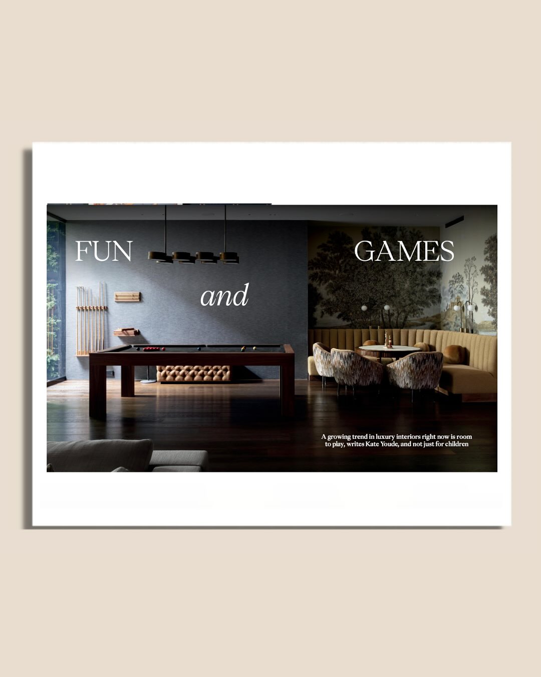 A stylish game room features a pool table, cue sticks on the wall, modern pendant lights, and a seating area with a tan tufted sofa and chairs. Large text reads FUN and GAMES.