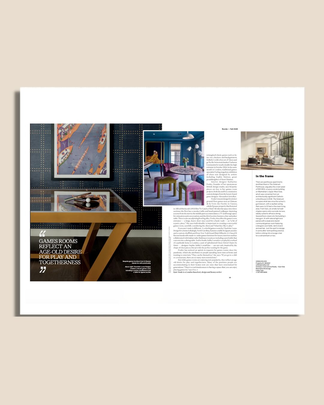 A magazine spread featuring stylish game room interiors with contemporary furniture, colorful decor, artwork, and a long article with text. Small photos of different room designs are included on the right page.