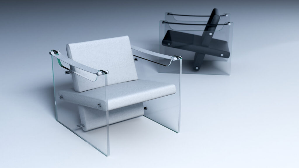 A modern armchair with glass sides, metal armrests, and light gray cushions is in the foreground, while a similar chair with black cushions is blurred in the background.
