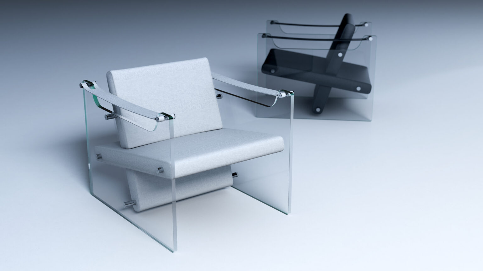 A modern armchair with glass sides, metal armrests, and light gray cushions is in the foreground, while a similar chair with black cushions is blurred in the background.