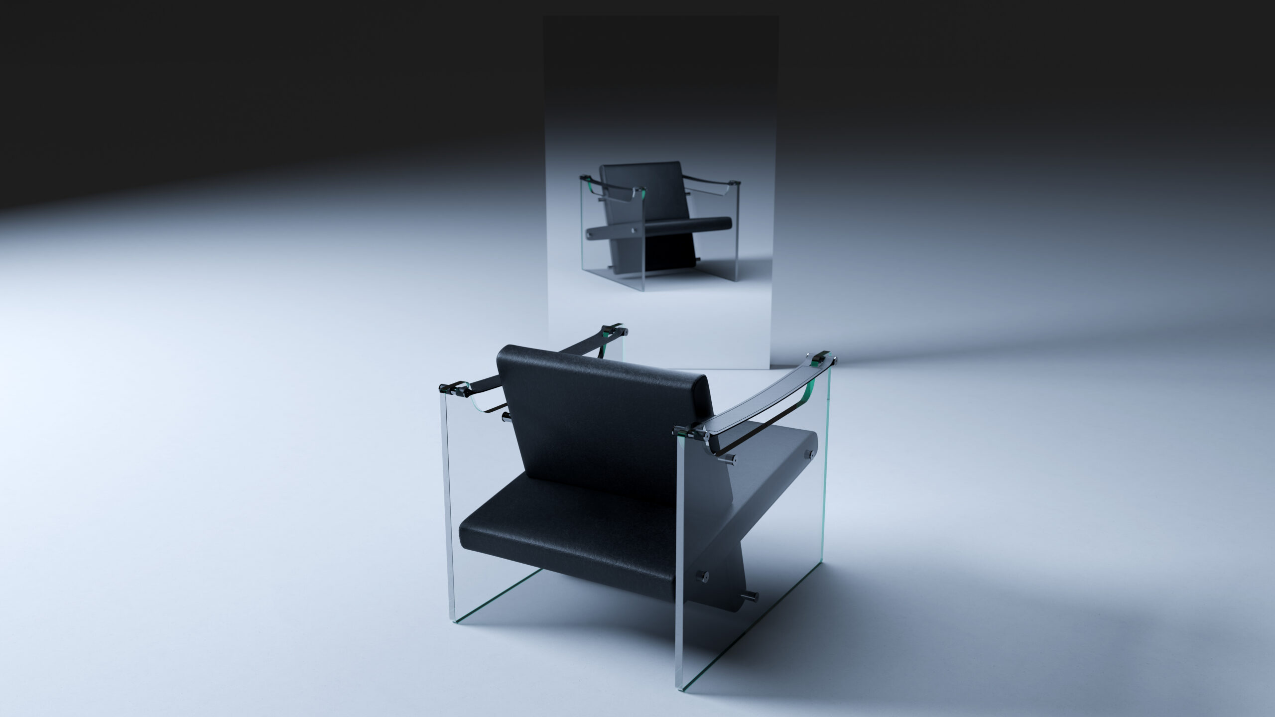 A modern black chair with angular design, featuring transparent glass side panels and metal armrests, is positioned in front of a large vertical mirror on a smooth, light gray surface under soft lighting.