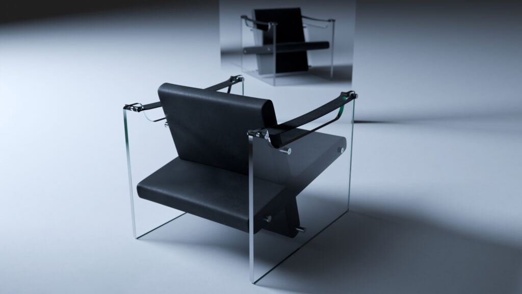 A modern chair with sleek black leather cushions, transparent glass sides, and metal arm supports, placed in front of a large mirror that reflects its design. The background is minimal and softly lit.