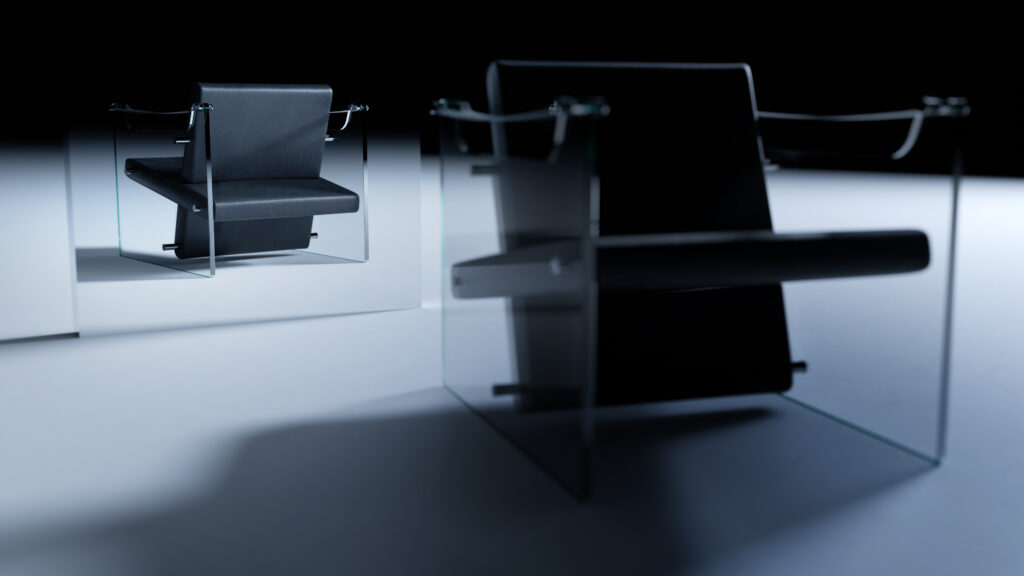 A modern chair with glass armrests and a black seat is positioned in front of a mirror, reflecting the chair’s sleek, minimalist design on a smooth, light-colored floor.