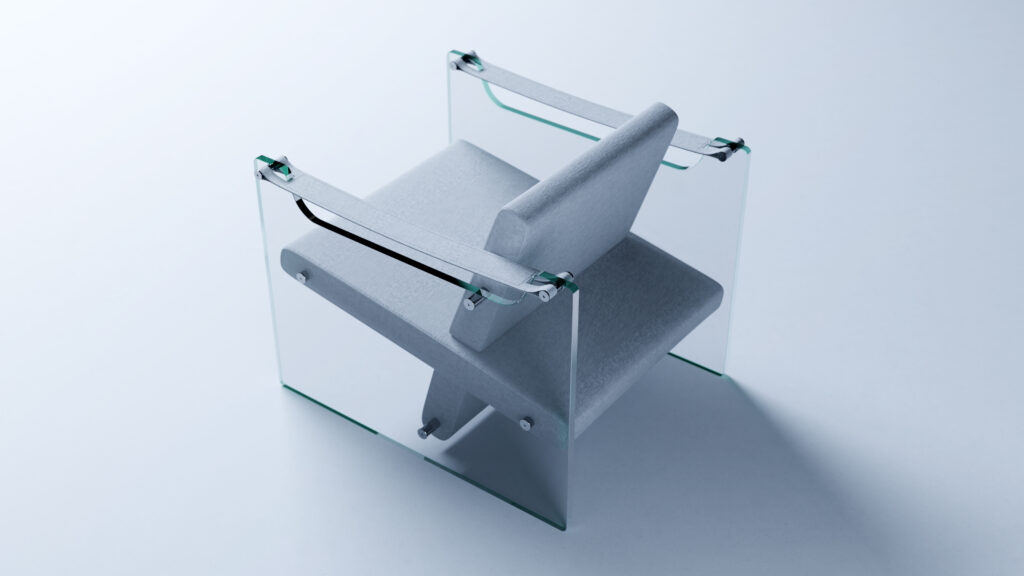 A modern chair with a minimalist design featuring transparent glass sides, a light gray cushioned seat and backrest, and metal supports, set against a plain light background.