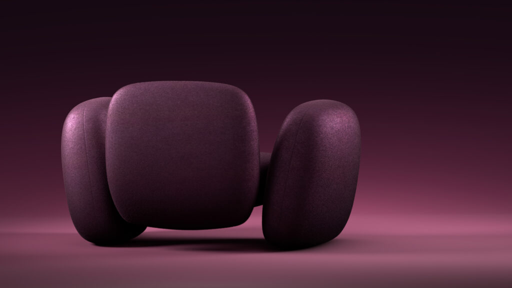 A modern, abstract chair with plush, rounded shapes in a deep purple color, set against a matching purple gradient background.