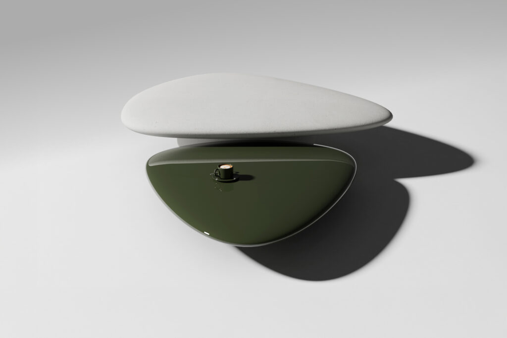 Minimalist composition featuring two overlapping, smooth, pebble-shaped objects—one matte white on top and one glossy dark green below with a small cylindrical knob—casting soft shadows on a neutral background.