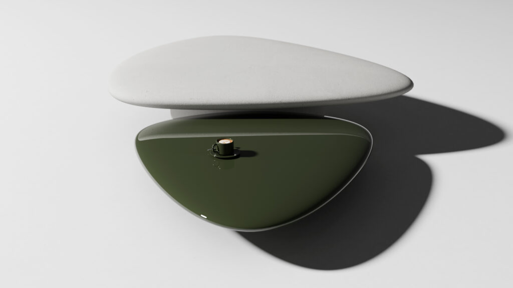 A small green cup sits on a glossy, dark green, triangular surface, with a matte, light gray, similarly shaped object placed above it, both casting soft shadows on a plain white background.