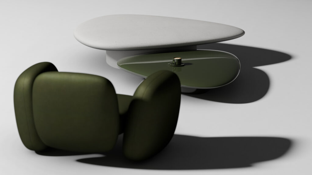 A modern green armchair faces an abstract, kidney-shaped coffee table with white and green surfaces. The green section features a small cylindrical object. Shadows are cast on a plain, light background.