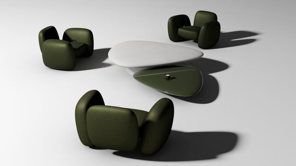 Four modern, dark green cushioned chairs surround two irregularly shaped tables—one white and one dark green—arranged on a smooth, light surface. The scene is minimalistic and well-lit.