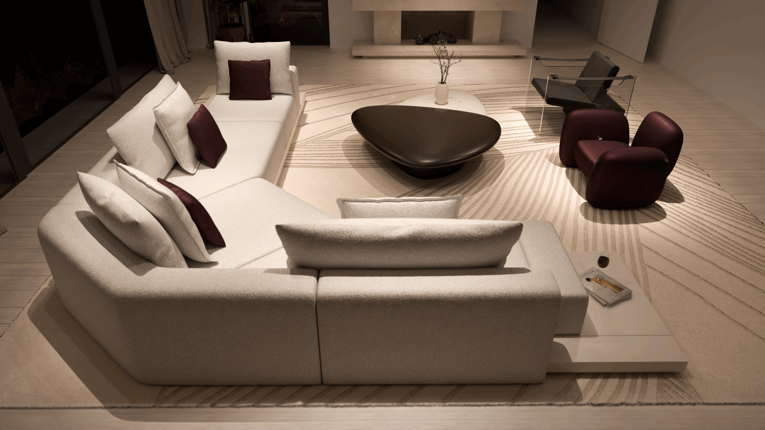 A modern living room with a large white sectional sofa, maroon accent pillows, a beige rug with geometric patterns, a dark triangular coffee table, a glass side table, two maroon chairs, and a fireplace in the background.