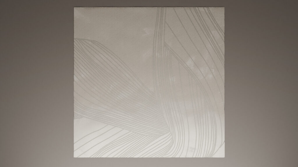 A minimalist artwork featuring delicate, curved, and overlapping white lines on a light beige background, creating an abstract, flowing pattern.