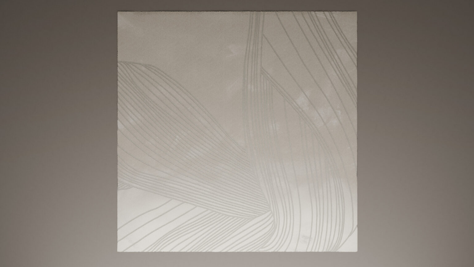 A minimalist artwork featuring delicate, curved, and overlapping white lines on a light beige background, creating an abstract, flowing pattern.