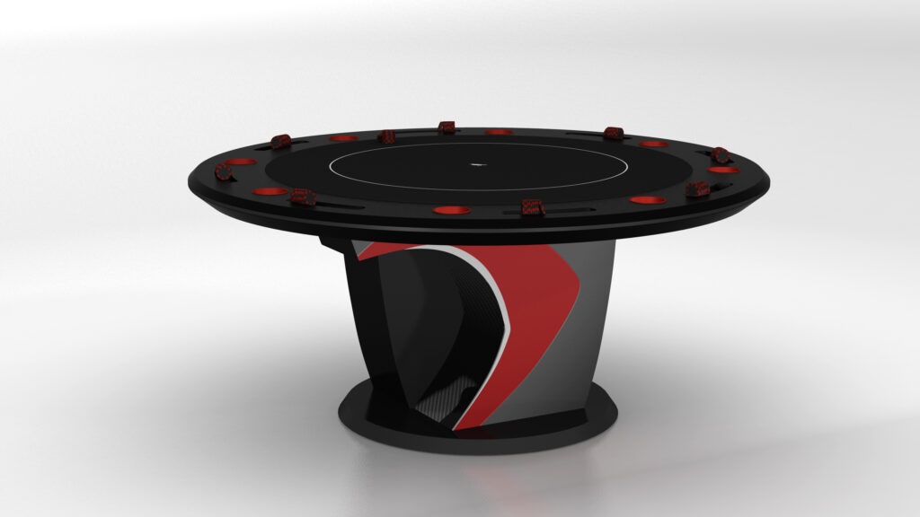 A modern, round poker table with a black and red design, featuring cup holders and small rectangular trays around the edge, set on a sturdy pedestal base. The table is placed against a plain white background.