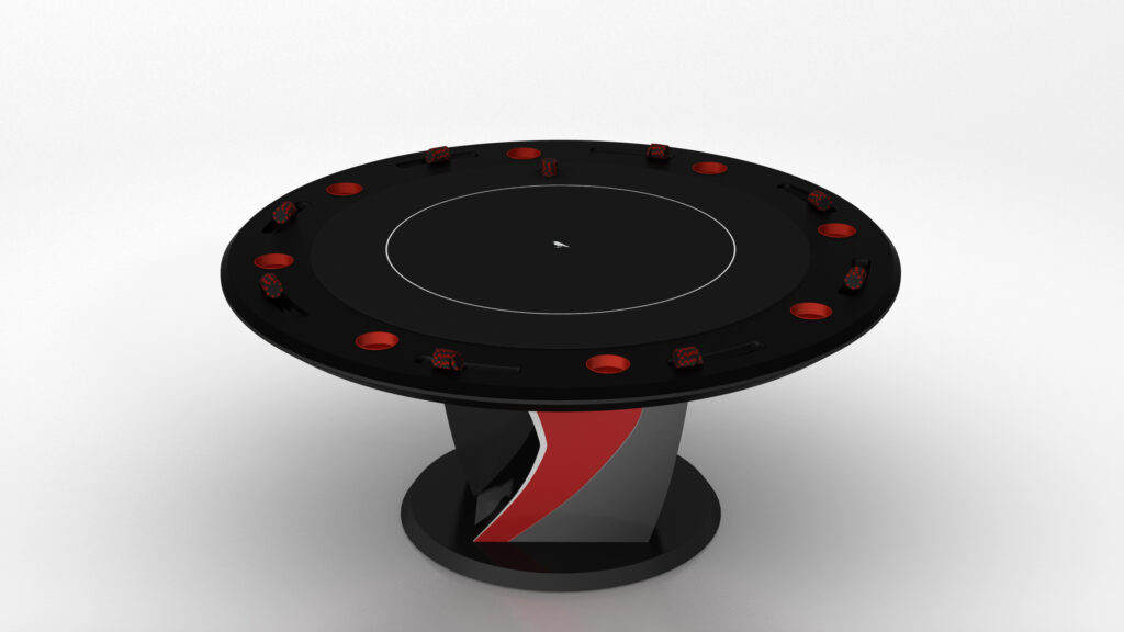 A modern, round black casino table with a red and gray pedestal base, featuring eight cup holders and stacked red chips around the edge, set against a plain white background.