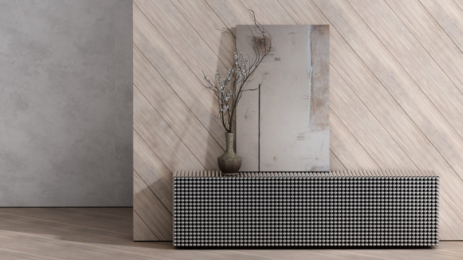 A minimalist interior features a checkered bench, a TREMILA credenza, a vase with bare branches, and a weathered wooden panel against diagonally paneled light wood walls and a concrete floor.