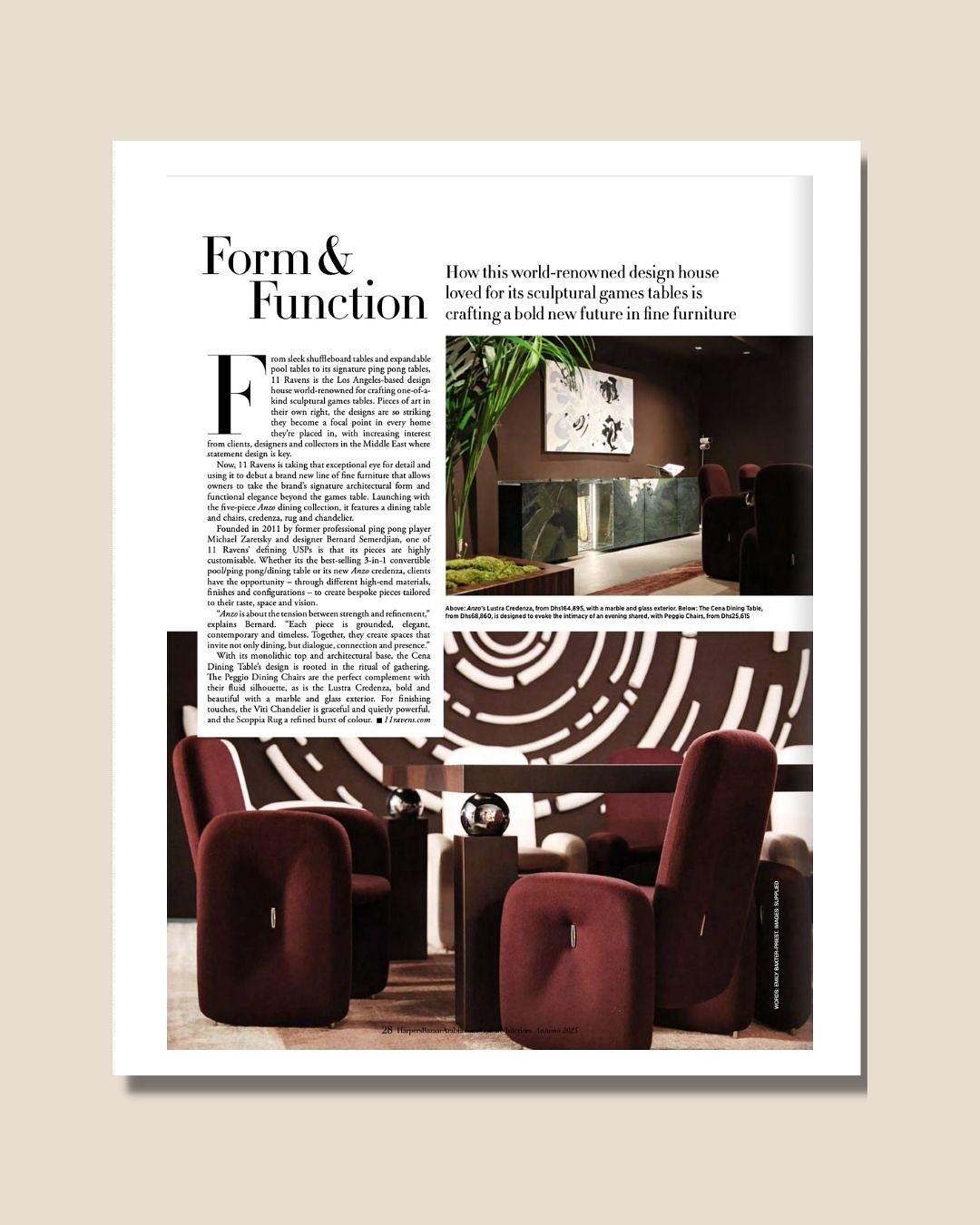 A magazine page features an article titled Form & Function with two images: a polished game table with seating in a stylish room above, and below, a set of modern burgundy chairs around a round table with a bold geometric wall design.