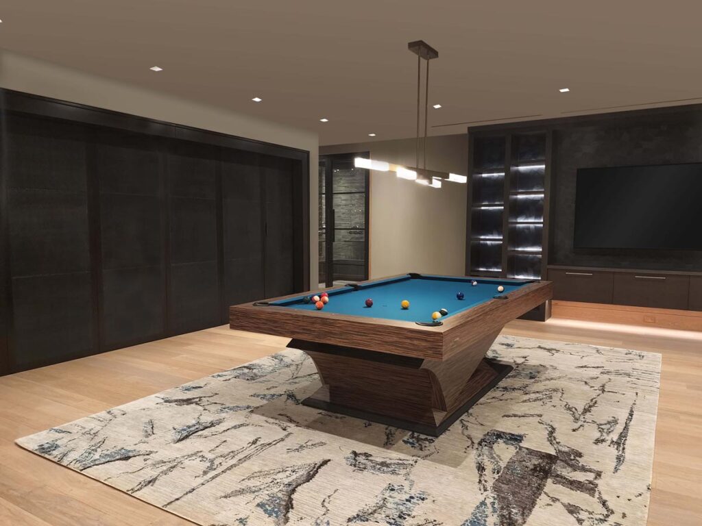 A modern game room featuring a Recent Work - 11 Ravens wooden pool table on a patterned rug, billiard balls arranged on blue felt, sleek lighting overhead, dark built-in cabinets, and a large TV mounted on the wall.