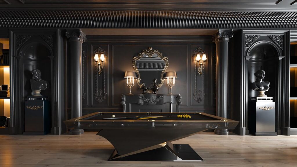 A luxurious, dark-toned room with ornate wall panels, columns, and sculptures. A modern 11 Ravens black pool table sits center beneath a grand mirror, flanked by elegant lamps and classical busts on wooden flooring&mdash;a stunning recent work.